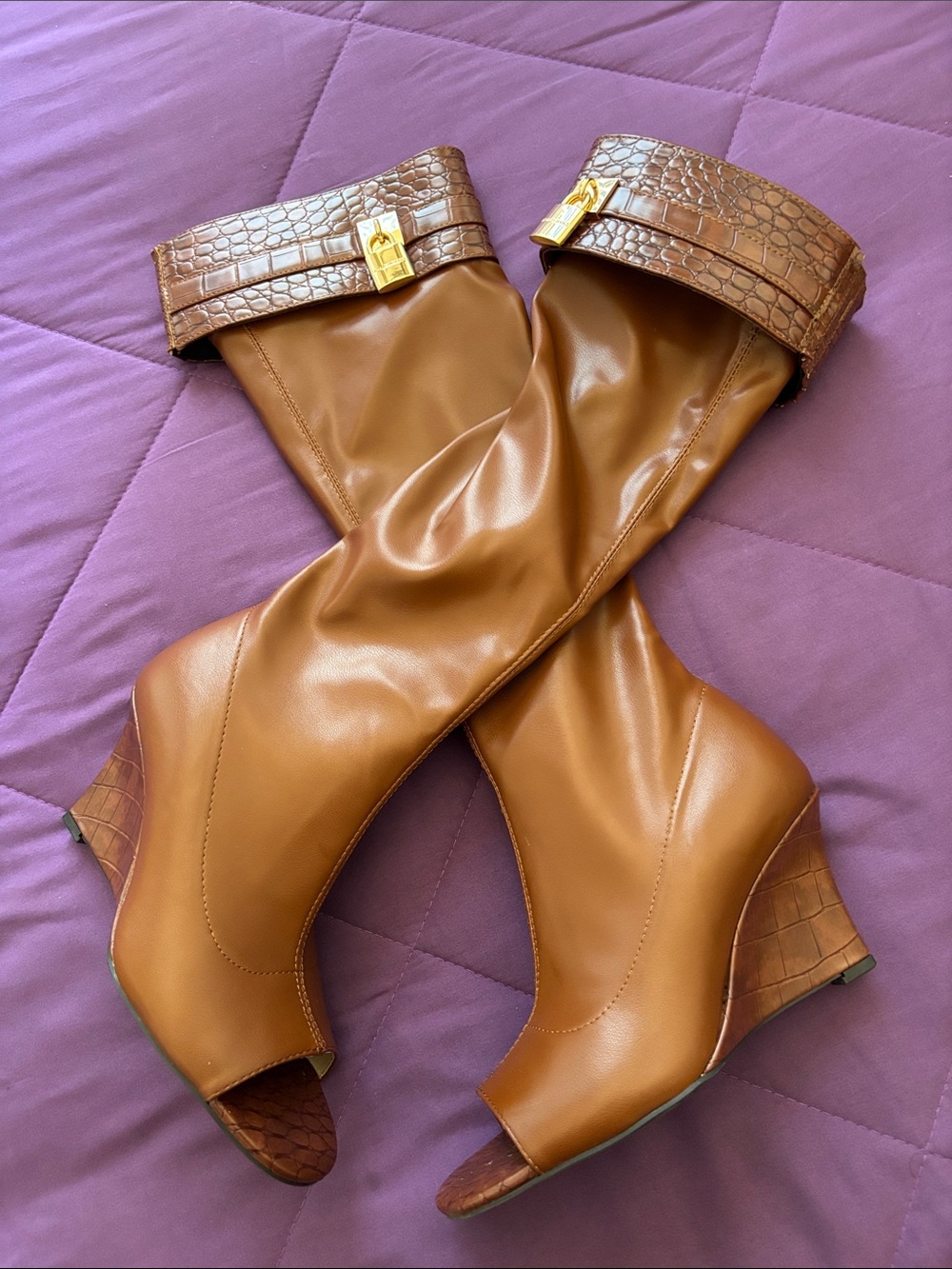 Women's Tan Peep-Toe Knee-High Wedge Boots